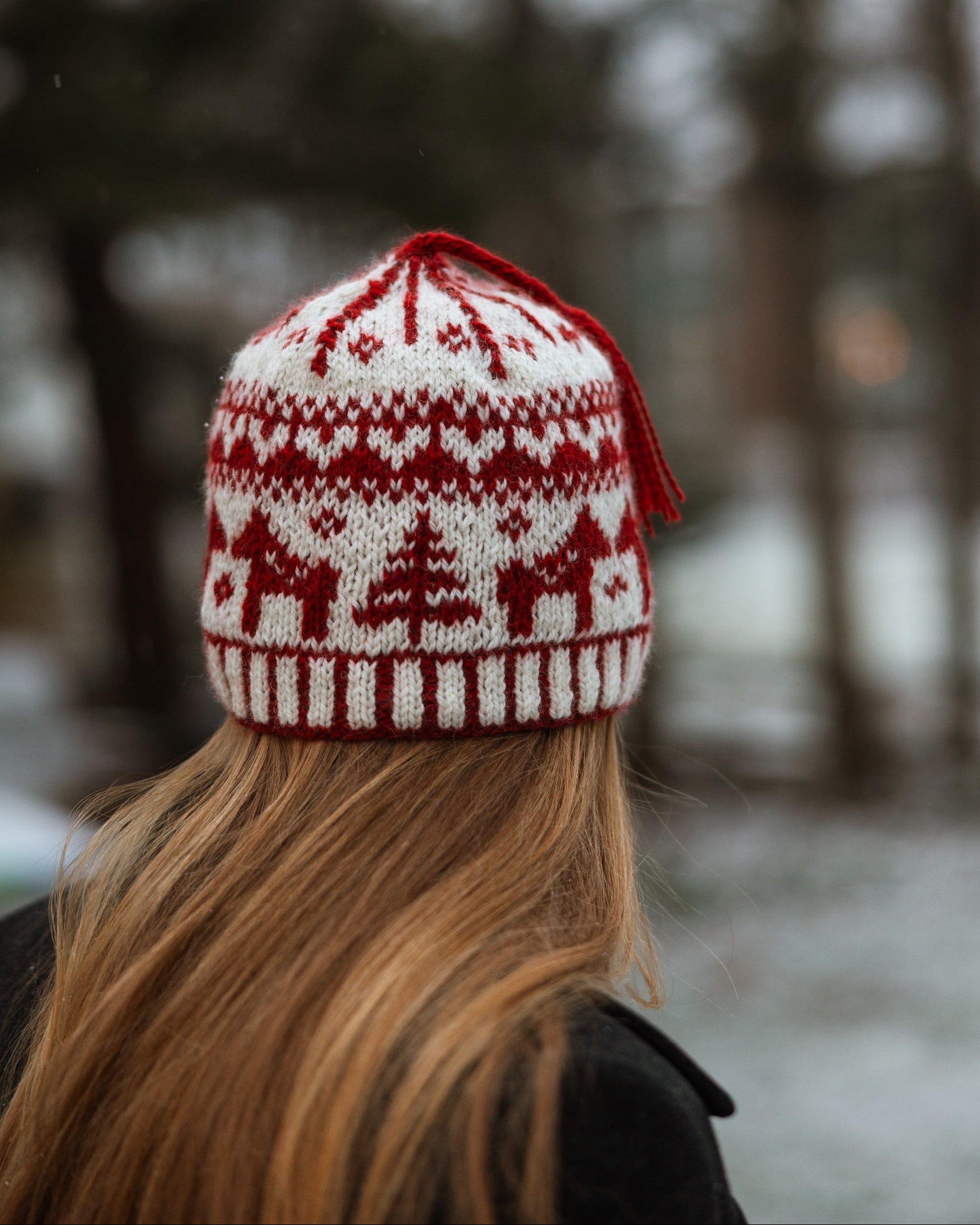 Person wearing a red and white patterned knit hat in a snowy forest setting